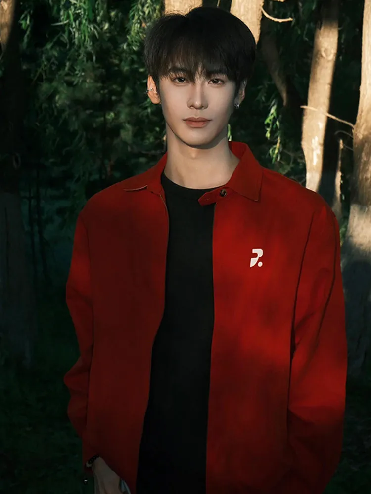 American Retro Cleanfit Collar Red Jacket Men Casual Loose High Sensation Shirt Outerwear Autumn Season Unisex Long Sleeve Zi...