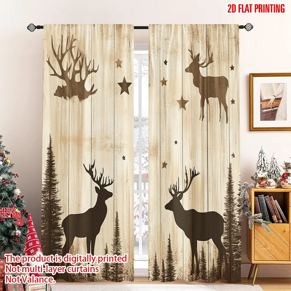 2pcs 2D flat printing Merry Christmas Scene Curtains Forest Deer Stars Vintage Wood (2) 100% Polyester Without Electricity