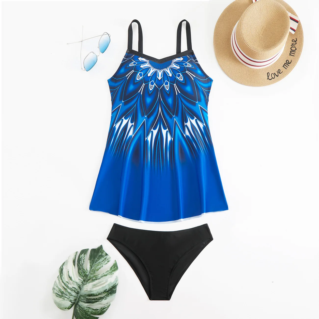 New Women Plus Size Peacock Feather Abstract Print Camisole Tankini with Skirt Modest Bohemian Beach Vacation