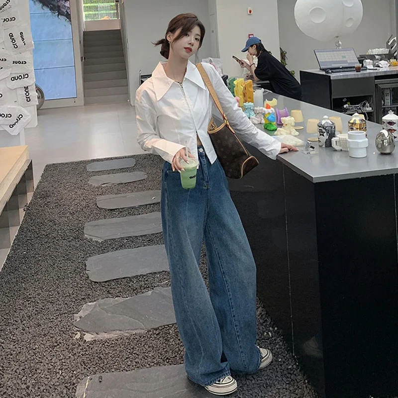 Camicetta bianca Donna Camisas De Mujer Couverture Colletto Manica lunga Cerniera Camicie Top corto Moda Casual Coreano Y2k Camicette