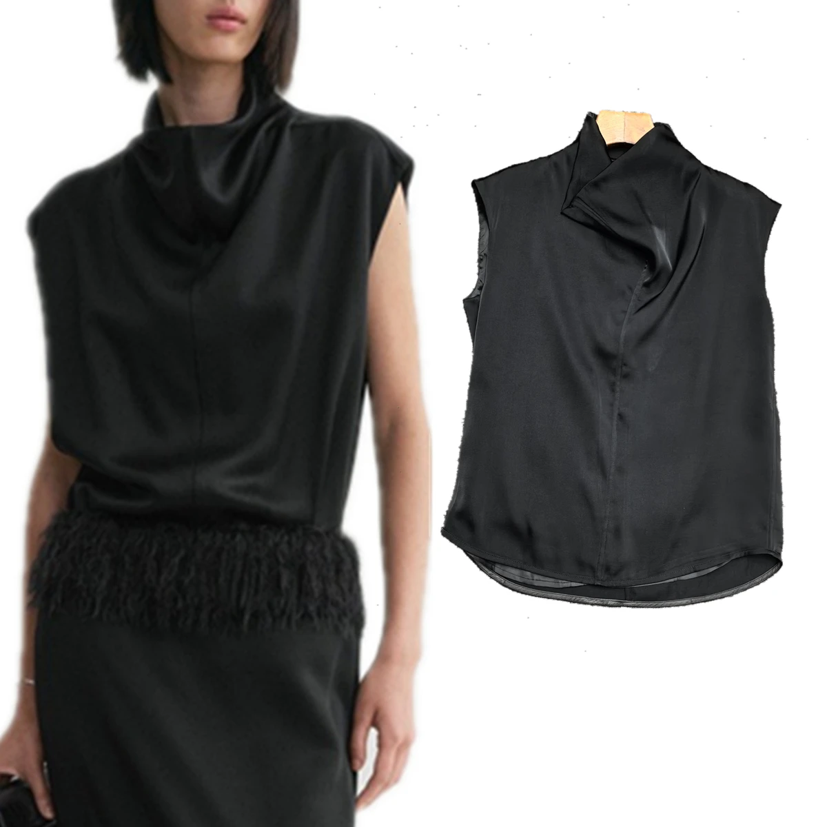 

Maxdutti French Minimalist Elegant Satin Swing Neck Sleeveless Top For Women Women's Blouses And Shirt Woman clothing Viscose