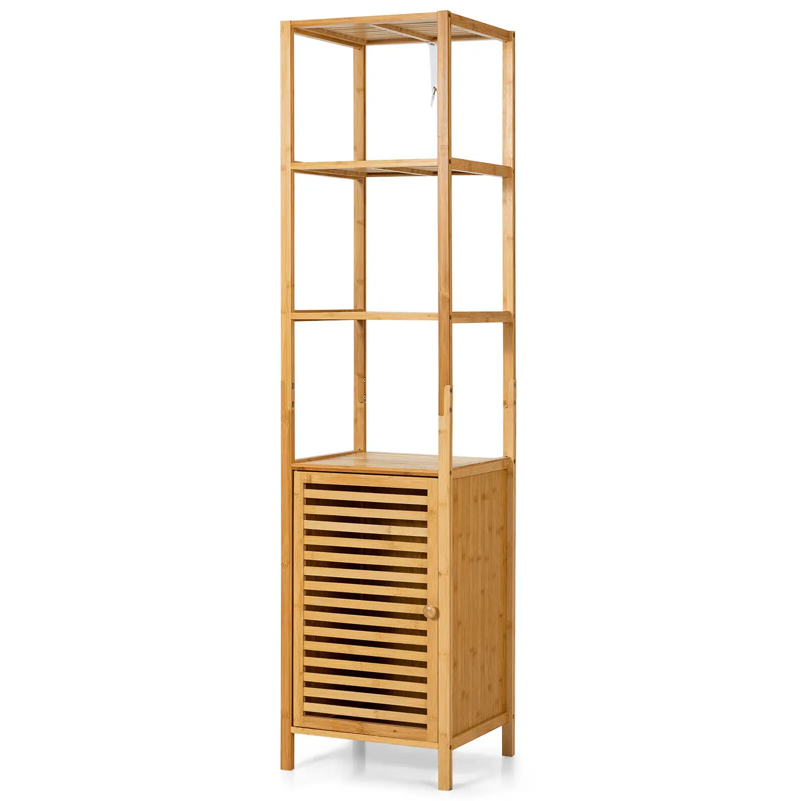 Costway 4 Tiers Bamboo Bathroom Storage Floor Cabinet Tower Corner Rack w/ Louvered Door