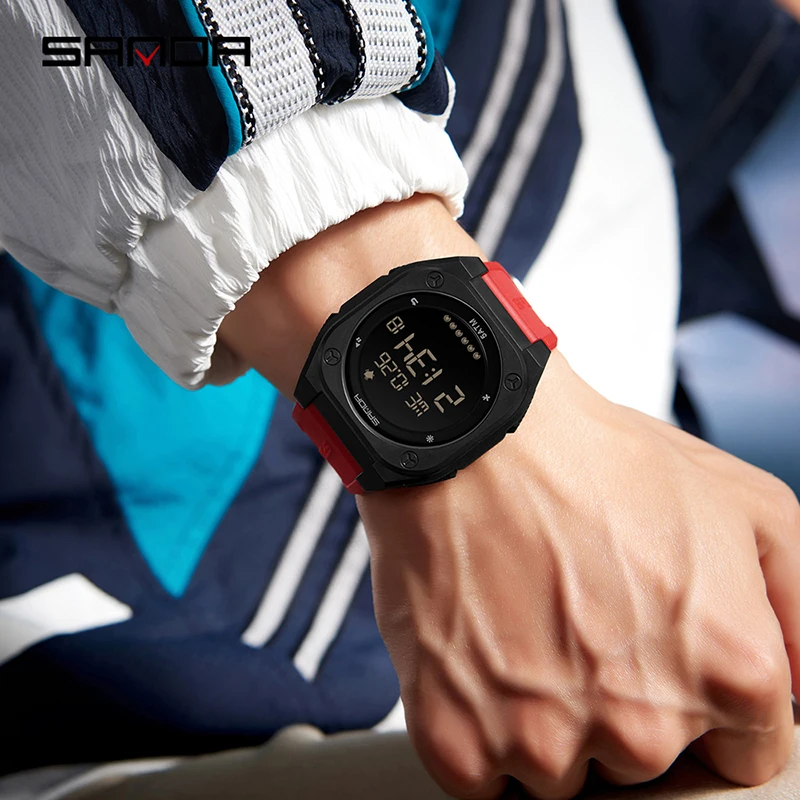 SANDA 6303 الرياضة في الهواء الطلق موضة الساعات الإلكترونية للرجل التقويم مضيئة مقاوم للماء سيليكون حزام الرجال ساعة رقمية