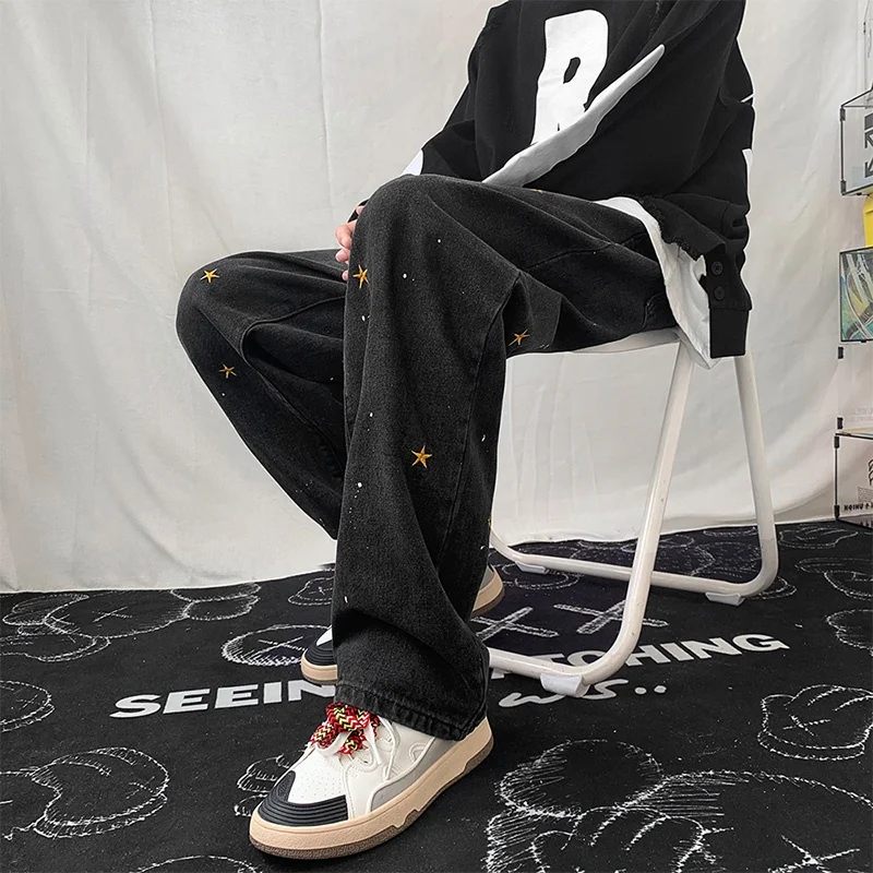 

Модные мужские джинсы в уличном стиле, свободные, прямого кроя, повседневные, удобные, весенне-осенние, в стиле хип-хоп, брюки в пол, стильные