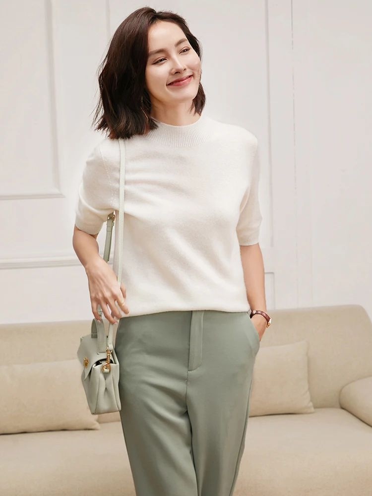 

Женский свитер из 100% кашемира с воротником-стойкой и рукавом до локтя, пуловер на весну-осень, классический элегантный трикотаж из чистого кашемира, удобные топы