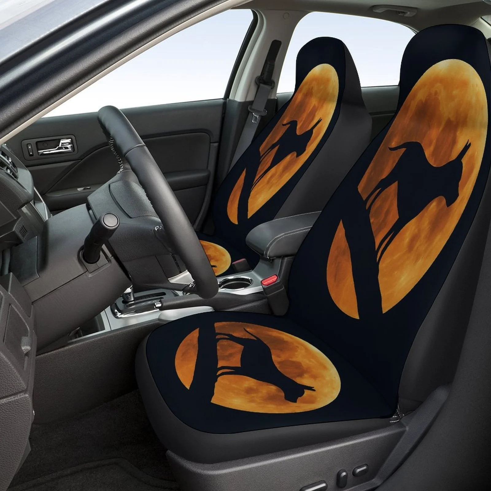 Wolf Moon Silhouette Designed Car Seat Cover Set For Most Cars, Trendy Novelty High-quality Car Seat Protector Covers Full Set,