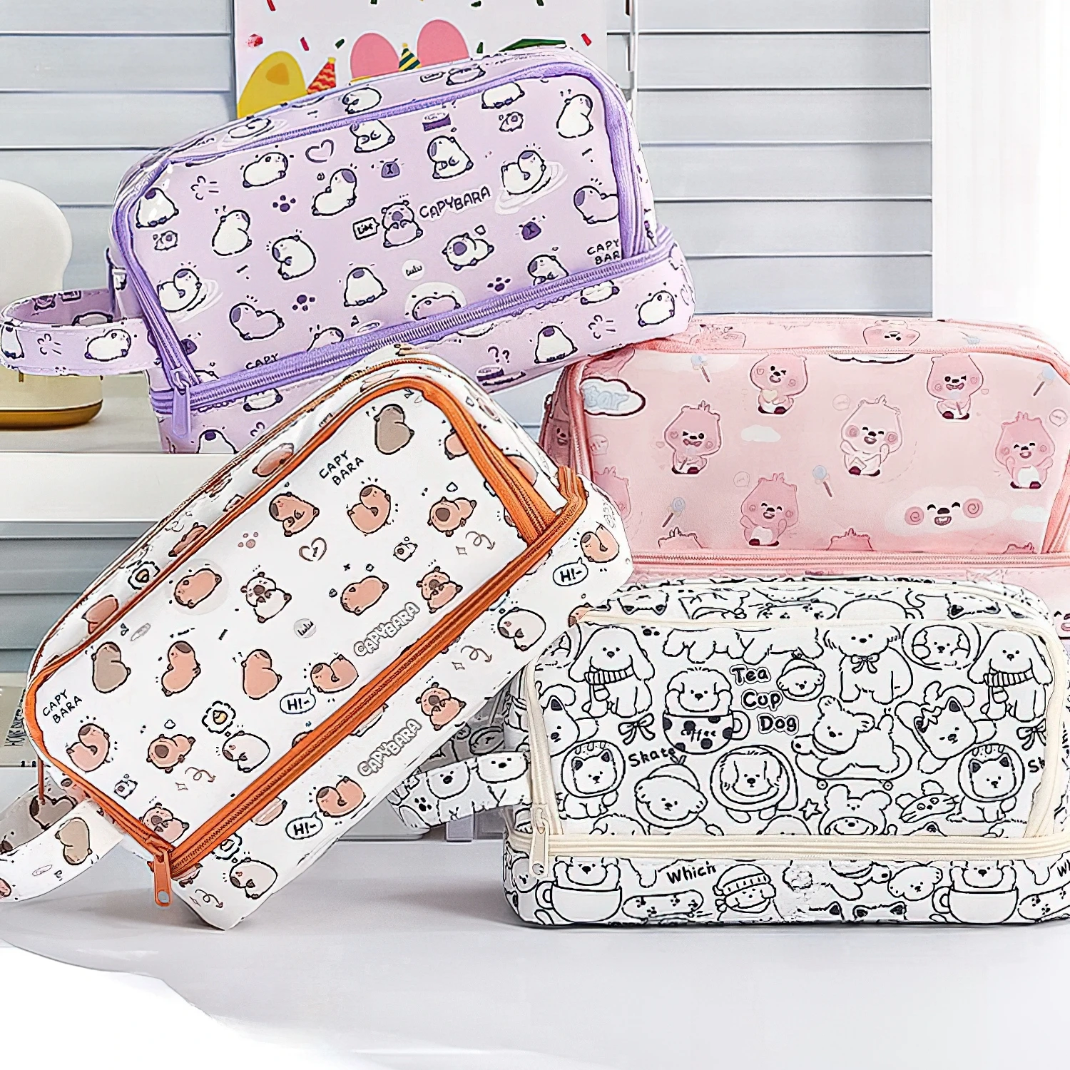 

Cartoon Pencil Bag Pen Case Capybara Happy Dog 3 Compartments Multi Mesh Slots Storage Pouch for Stationery School A7834