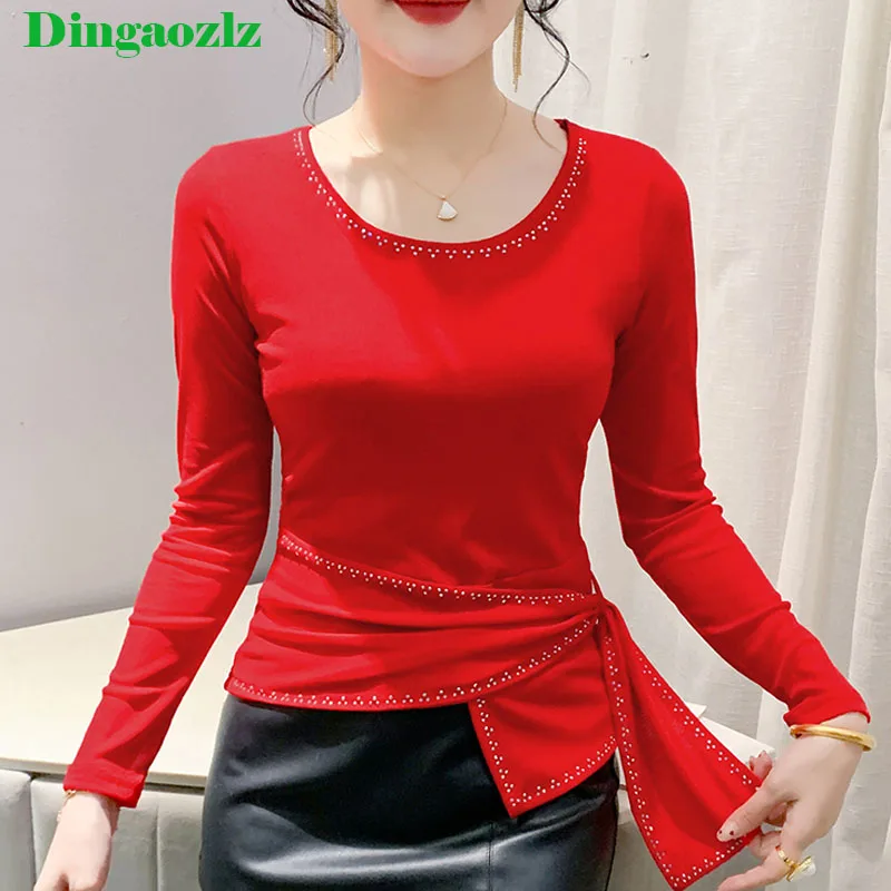 Dingaozlz Chic Style Women Clothes Diamonds O-neck Solid T-shirt Long Sleeve Casual Mesh Tops Female Tees