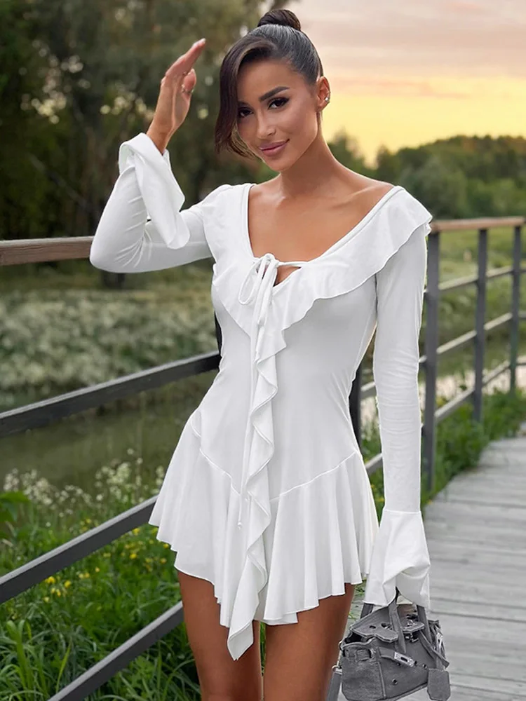 

Elegant Women Solid Ruffles Lace Up Mini Dress Sexy V Neck Flare Long Sleeves A Line Short Dresses Chic Lady Party Vacation Wear