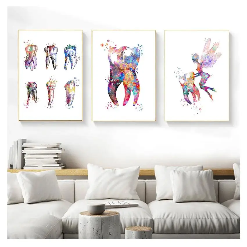 Molar Watercolor Canvas Painting  Teeth Art Poster Dentist Wall Decor Tooth Anatomical Print for Doctor Office Dental Clinic
