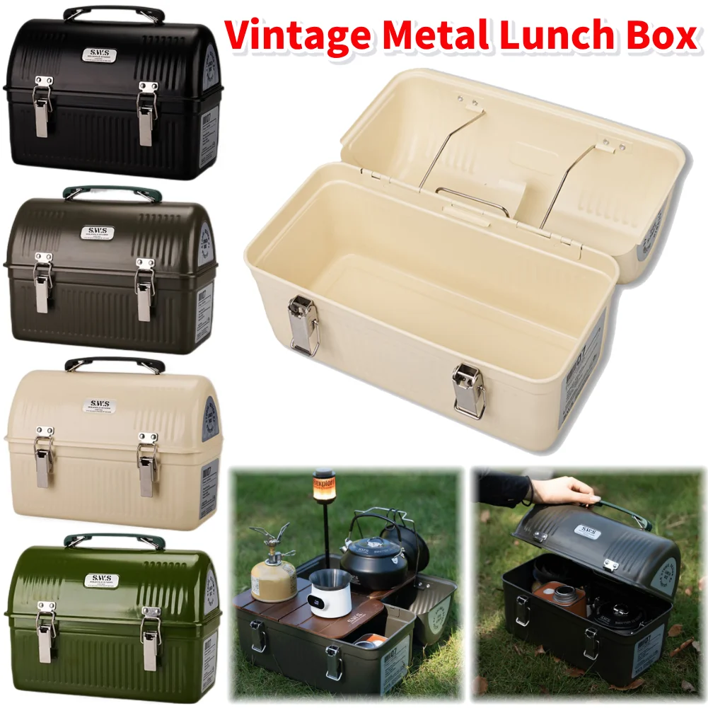 Vintage Metal Lunchbox 9.4L Efficient Storage Food Drinks Water Bottle Retro Metal Containers with Handle & Latch Storage Boxes