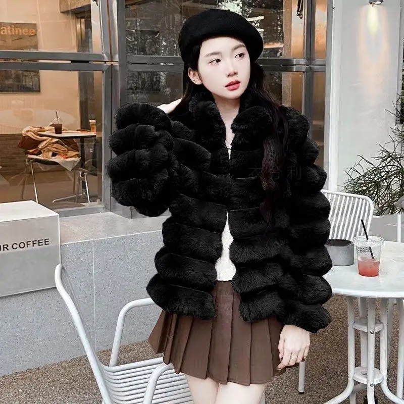 Winter New Short Faux Fox Fur Jacket Cardigan Women Casual V-neck Long Sleeve Imitation Fur Coat White  Color Pink