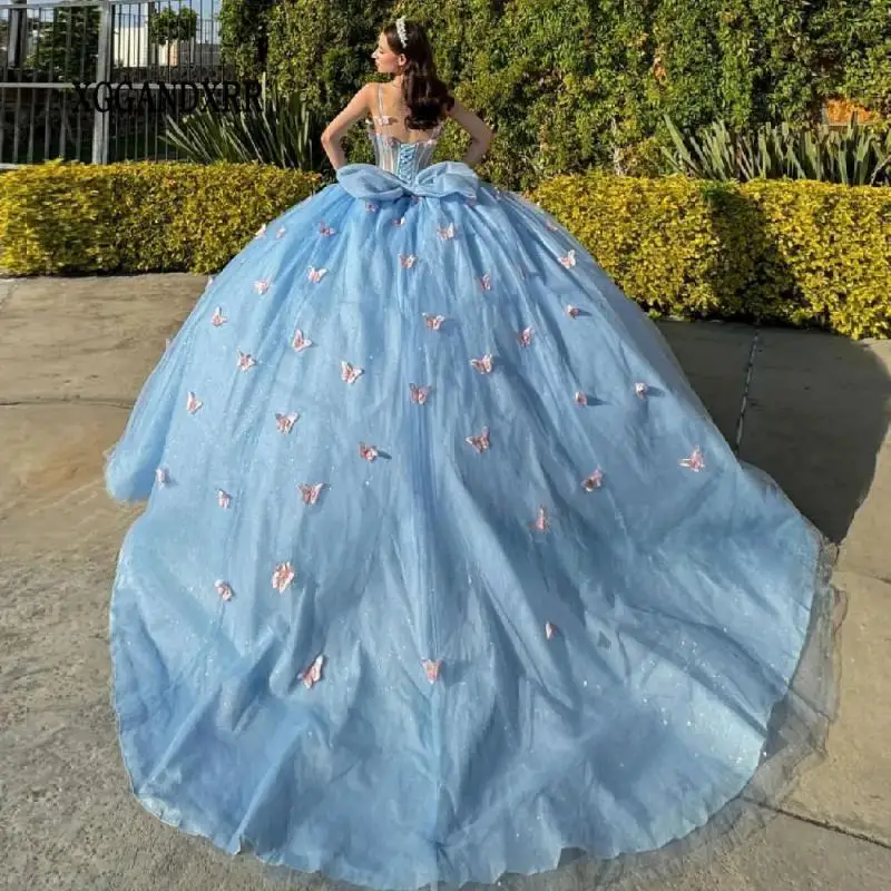 Sukienka na Quinceanera 2024 suknia balowa księżniczki z odkrytymi ramionami słodka 15 urodzinowa Vestidos De XV Años suknia wieczorowa motyl