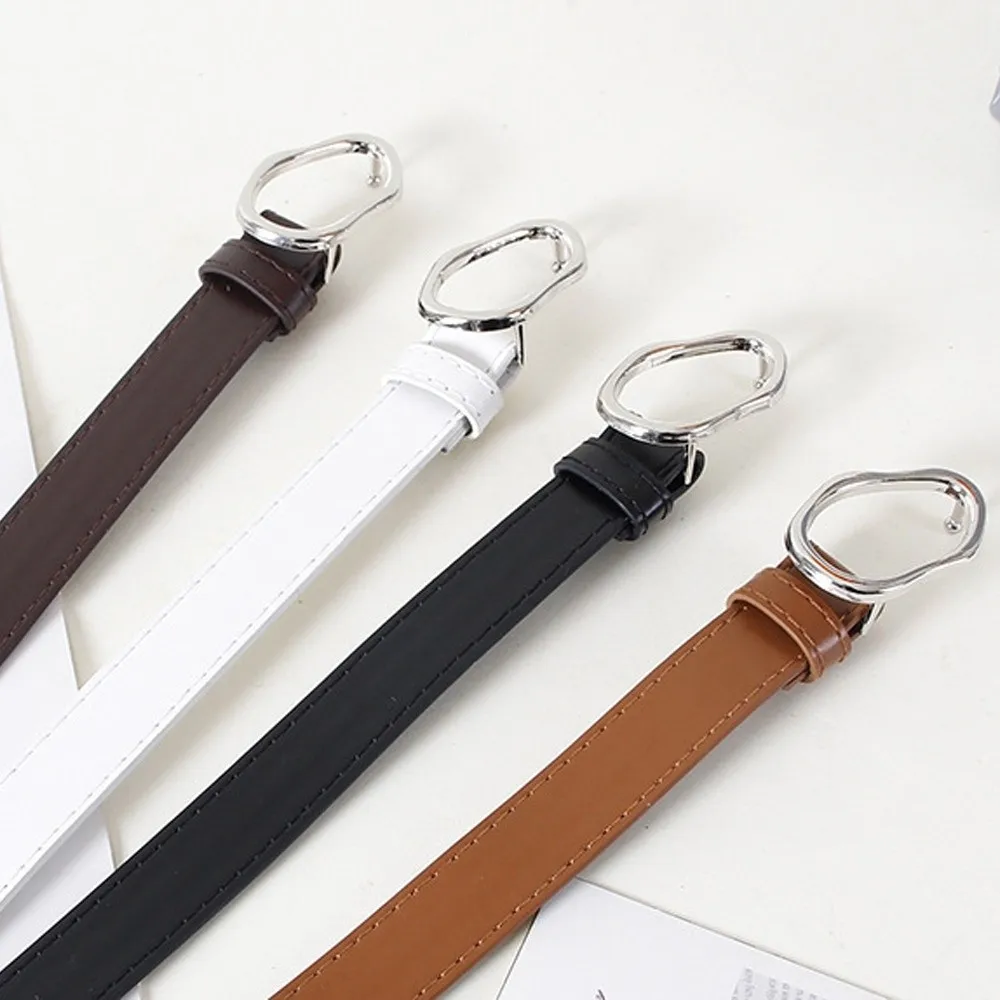 حزام خصر رفيع عالي الجودة بإبزيم غير منتظم من جلد البولي يوريثان حزام خصر غير رسمي للنساء