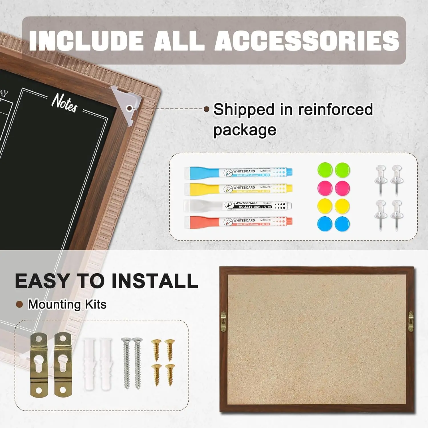 مجموعة سبورة الفلين المغناطيسية الكبيرة، لوحة إعلانات تقويم الحائط مقاس 24 × 36 مع إطار ريفي وملحقاتها #5