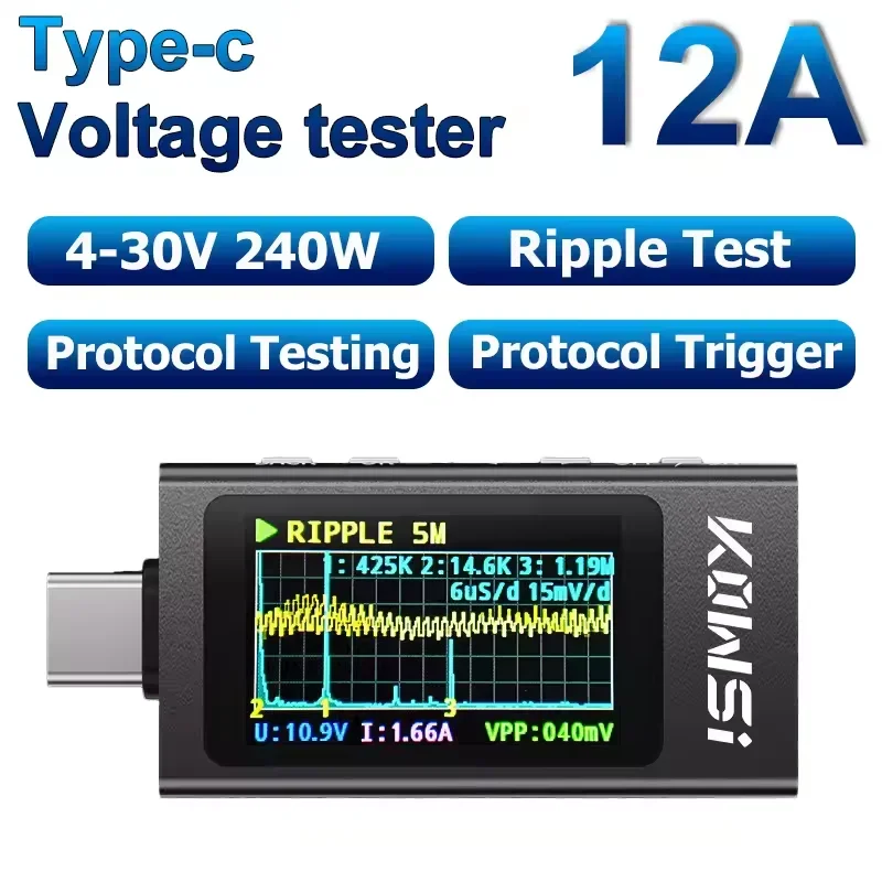 

KWS-X1 Digital Voltage Current Tester IPS Display 4-30V 0-12A DC Voltage Current Detector Fast Charging Trigger Capacity Tester