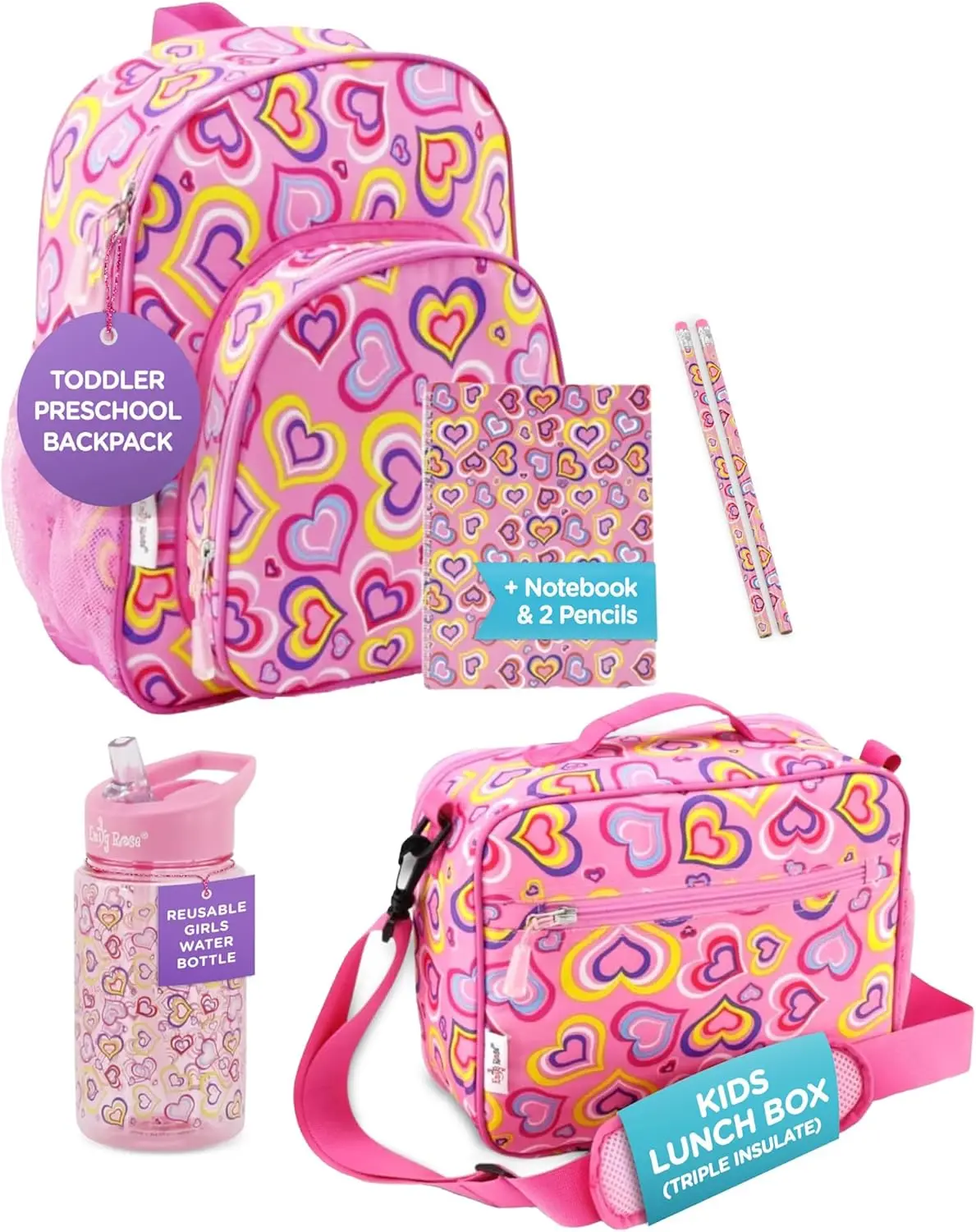 

Playful Hearts Girls Heart 3-Piece Reusable Lunch Box, Backpack, and Water Bottle Set | Perfect for Preschool Daycare |