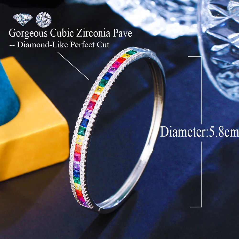 Pera Excellent Quality Colorful Cubic Zircon Big Open Cuff Hand Jewelry Bridal Wedding Bangles for Women Party Accessories Z080
