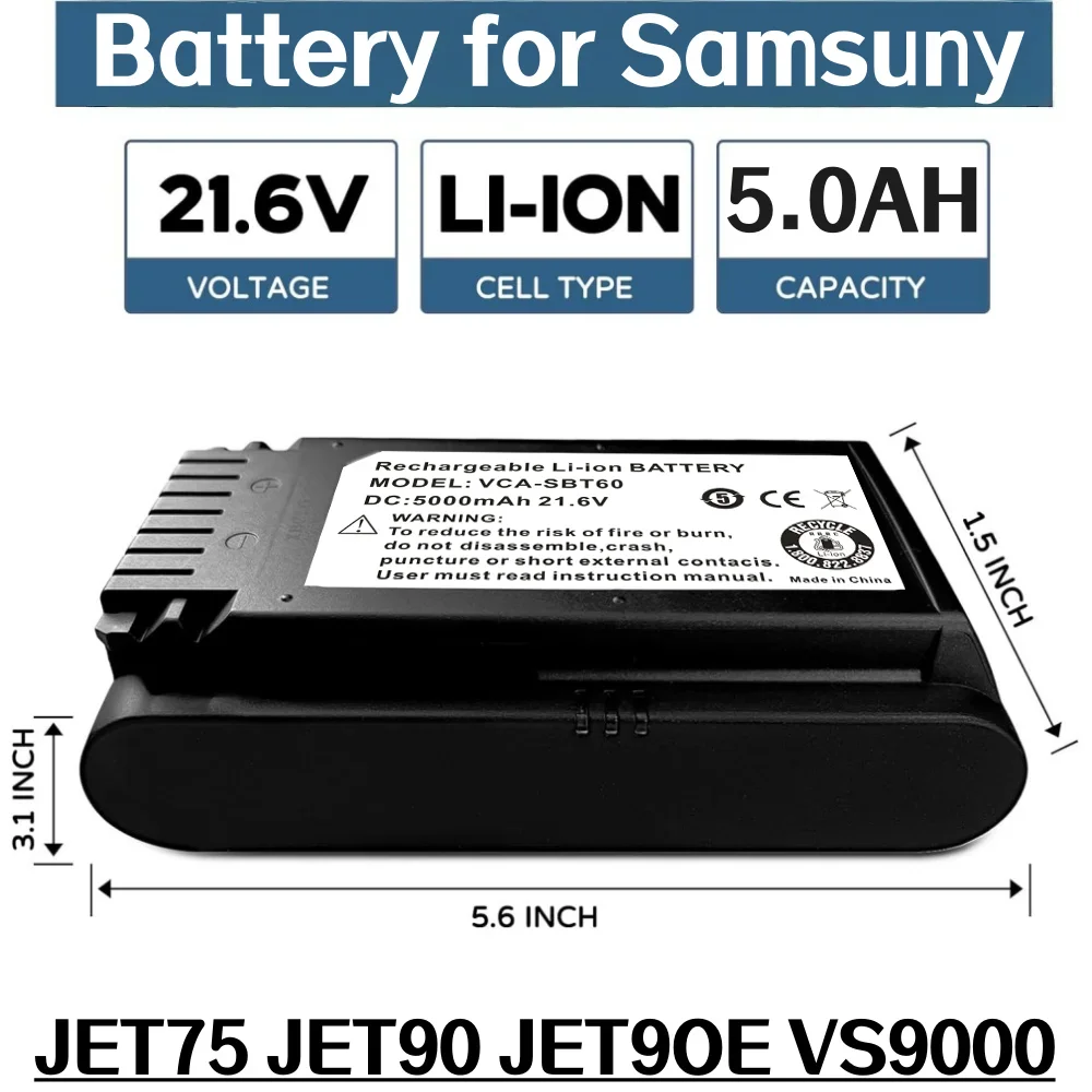 

VCA-SBT90 Литий-ионный аккумулятор 21,6 В 5000 мАч для пылесоса Samsung JET75 Pet/Complete JET90 Multi/Pet/Complete.