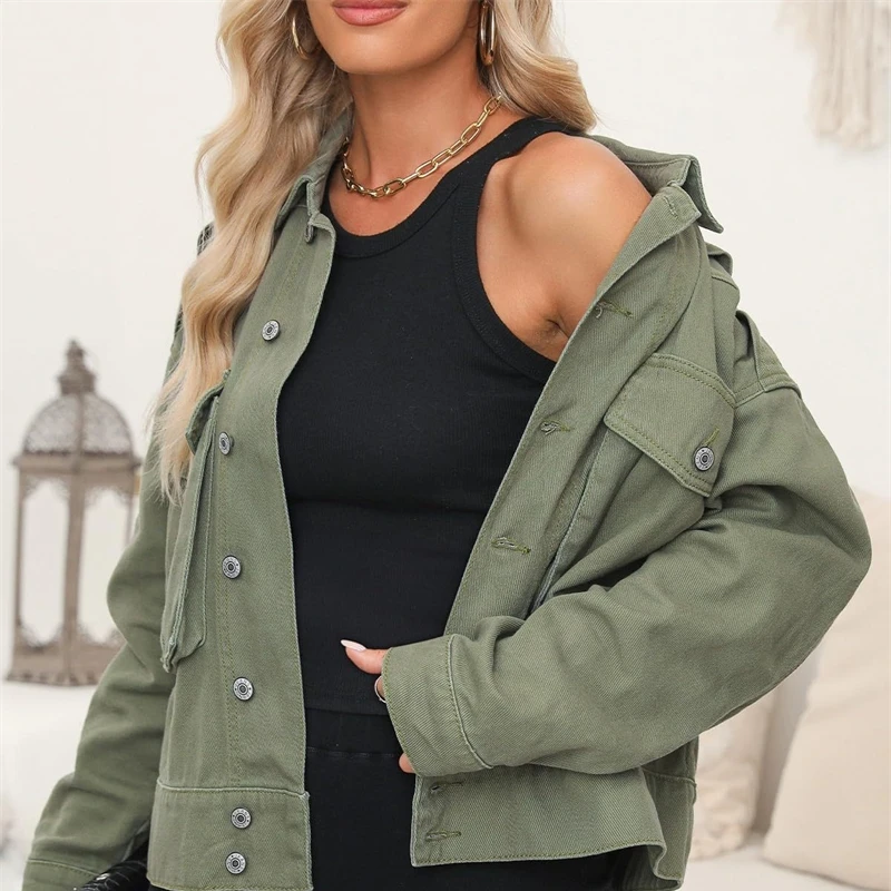 

2025 Denim Jackets Women's Spring Autumn Shirt Style Jeancoat Casual Top Single Breasted Black Brown Outerwear Lady Coats Trend