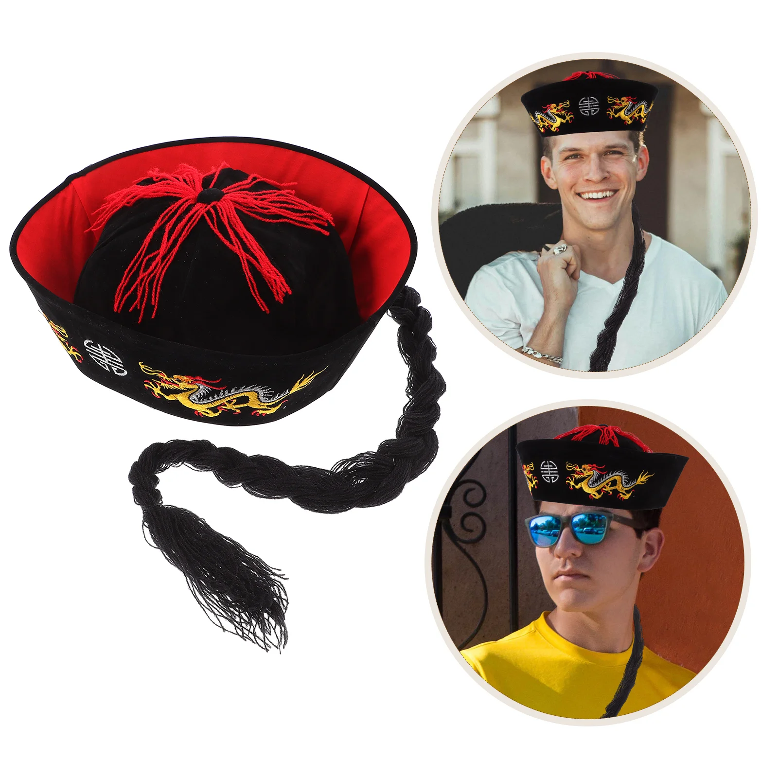 

Black Chinese Emperor Hat with Braids Print for Cosplay Party Props Traditional Style Qing Dynasty Royal Court Headwear Festive