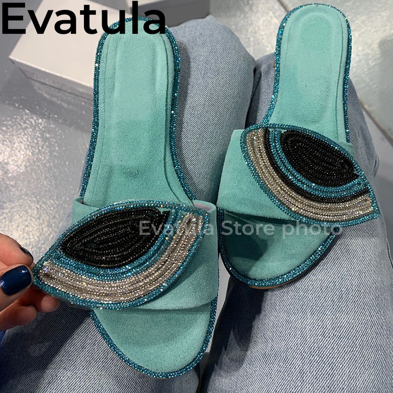 2024 Summer Shining Crystal Eyes Kid Suede Flat Slippers Women Open Toe Slip On Mules Outwear Casual Beach Slides Shoes Ladies