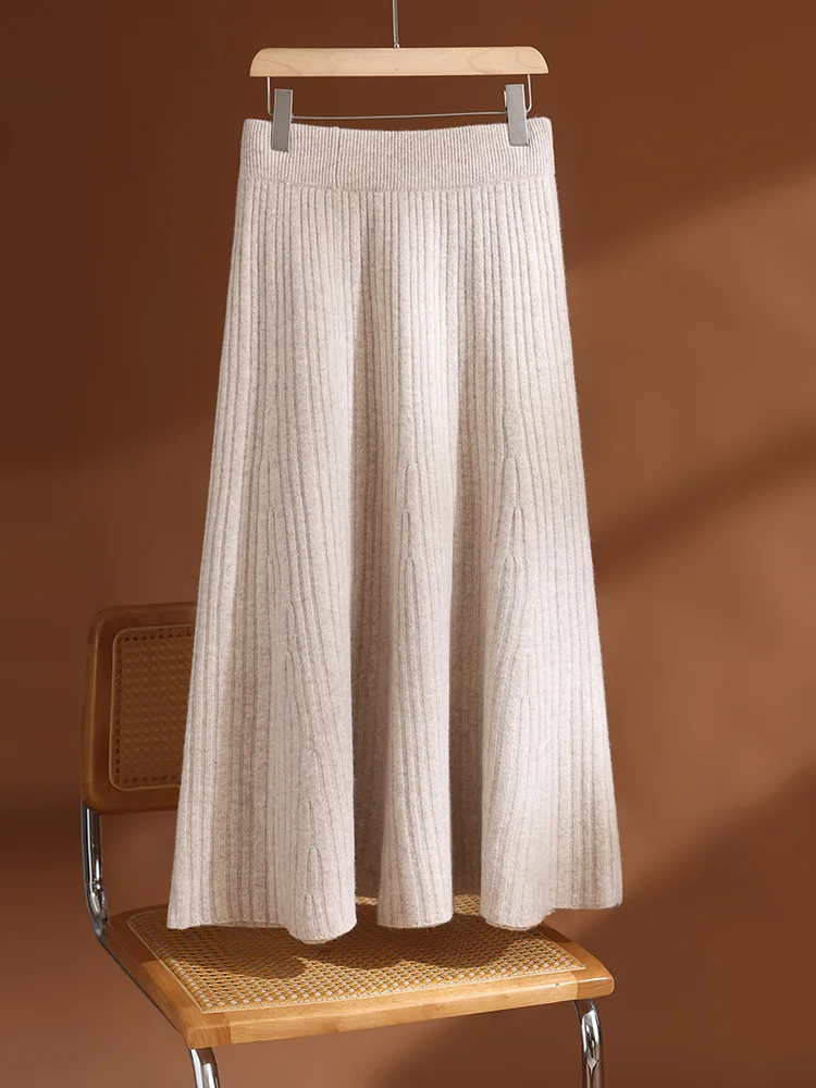 TLOML New Women's 100% Merino Wool Knitwear Autumn Winter Wool Skirt Long Pleated Skirt Grace Soft Dress Chic Comfy Long Skirt