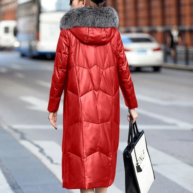 2023 New Women Down Jacket Winter coat Female Mid length version leather coat Loose hooded Parkas thick warm outwear