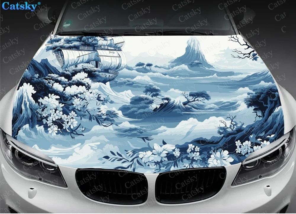 Japanese Style Painting Car Hood Vinyl Stickers Wrap Vinyl Film Engine Cover Decals Sticker Universal Car Hood Protective Film