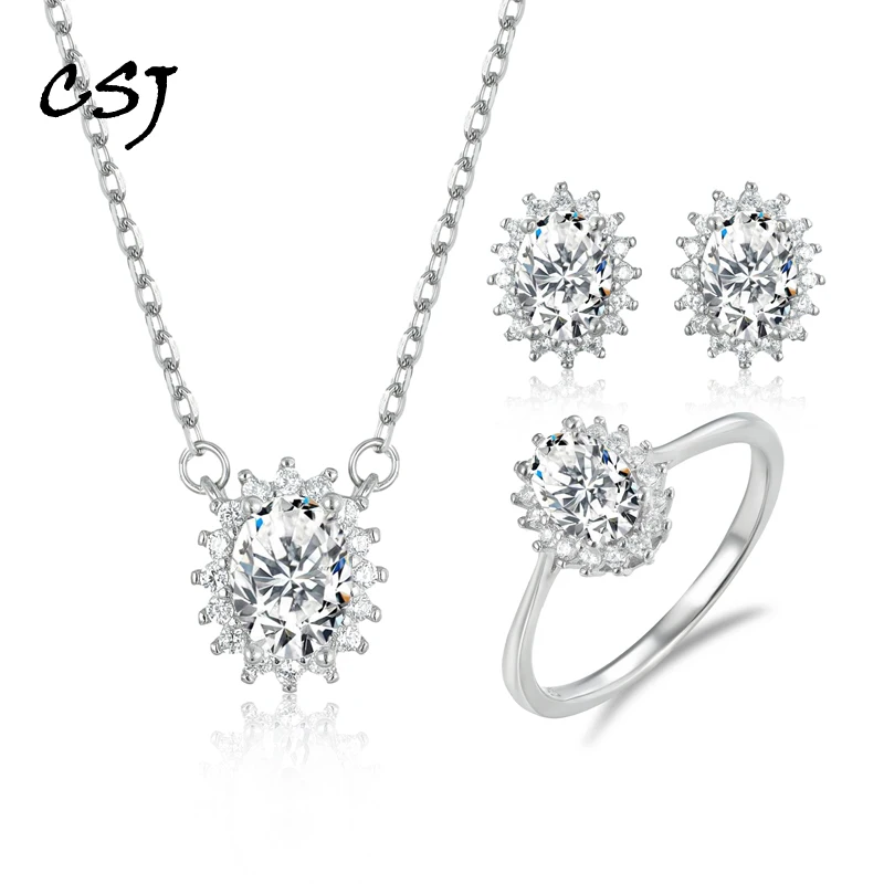 

CSJ 100% 925 Silver Jewelry Sets High Carbon Diamond Oval5*7mm for Women Lady Wedding Engagement Party Christmas Gift