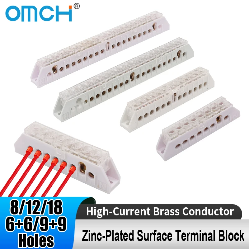OMCH 6x9mm N/PE Terminal Block Bar 8 12 18 Holes Brass Bridge Connector Single/Double Row 6+6 9+9 for Distribution Cabinet MCB