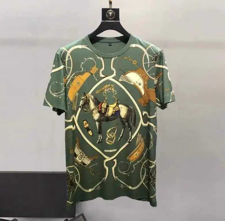 European and American men's 2024 summer new Round neck Short sleeve horse hot drill carriage print fashion T-shirt