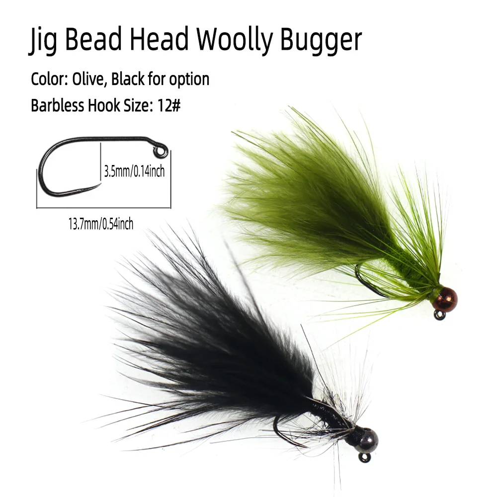 5pcs #12 Tungsten Bead Head Woolly Bugger Barbless Jig Nymph Streamers Fly for Trout Salmon Pike Bass Fishing Lure Baits