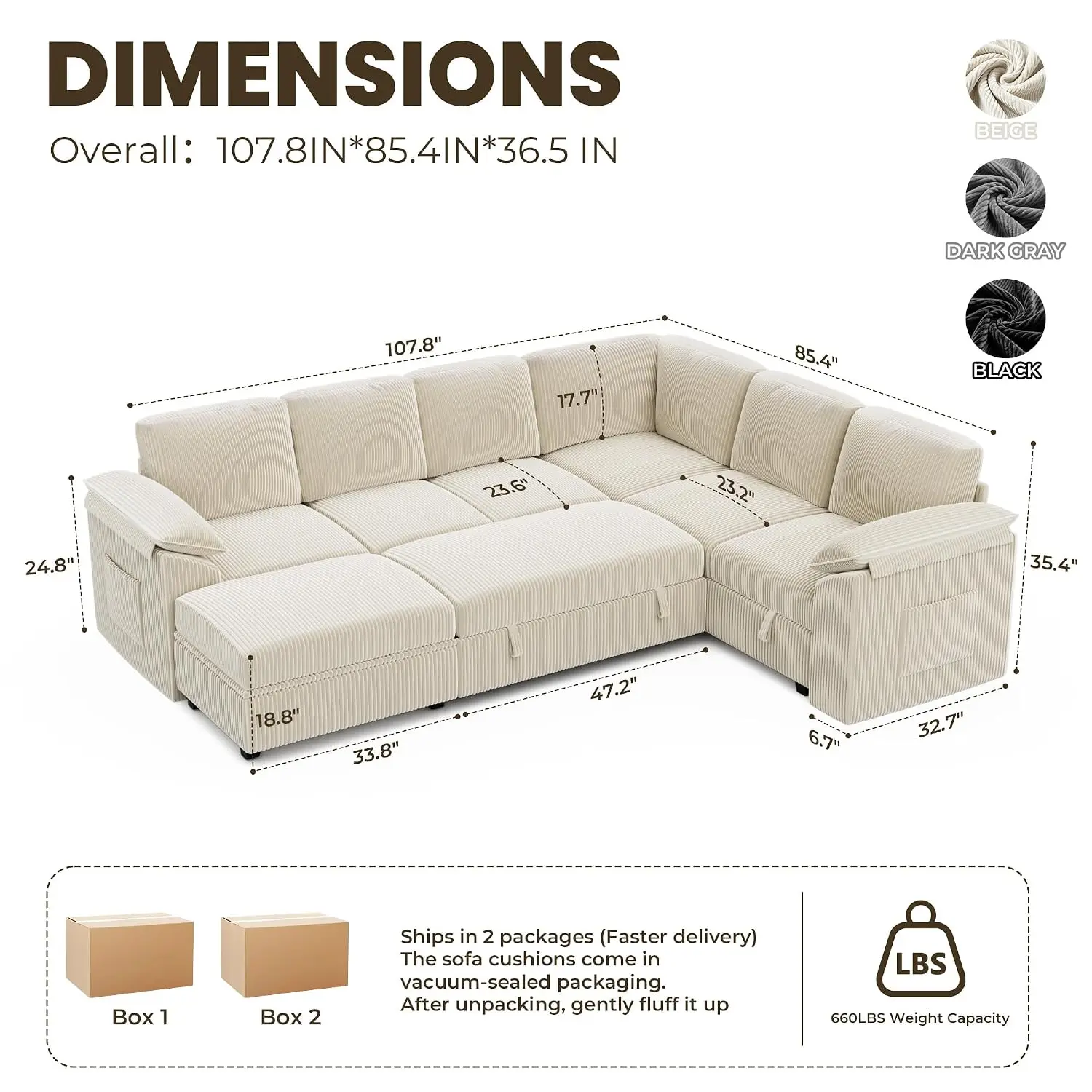 108'' Sectional Couches for Living Room, Sectional Sleeper, Beige, Customized