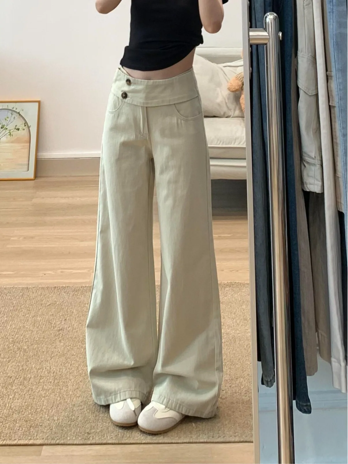 Khaki Wide Leg Jeans Women's Loose Fit Casual High Waist Double Buckle American Retro Style Summer New Fashion Jeans