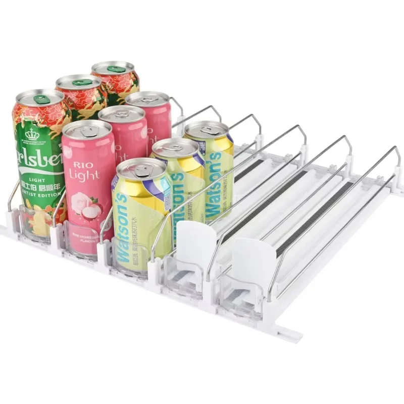 Refrigerator Plastic Water Bottle Storage Dispenser, Pop Soda Can and Drink Merchandise Pusher System