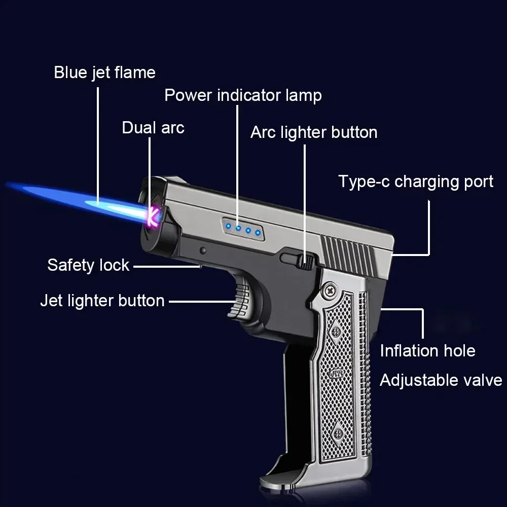 Folding Outdoor Windproof Metal Electric Gas Lighter Turbine Blue Flame Torch Jet Power Display Dual Arc USB Lighters Gun