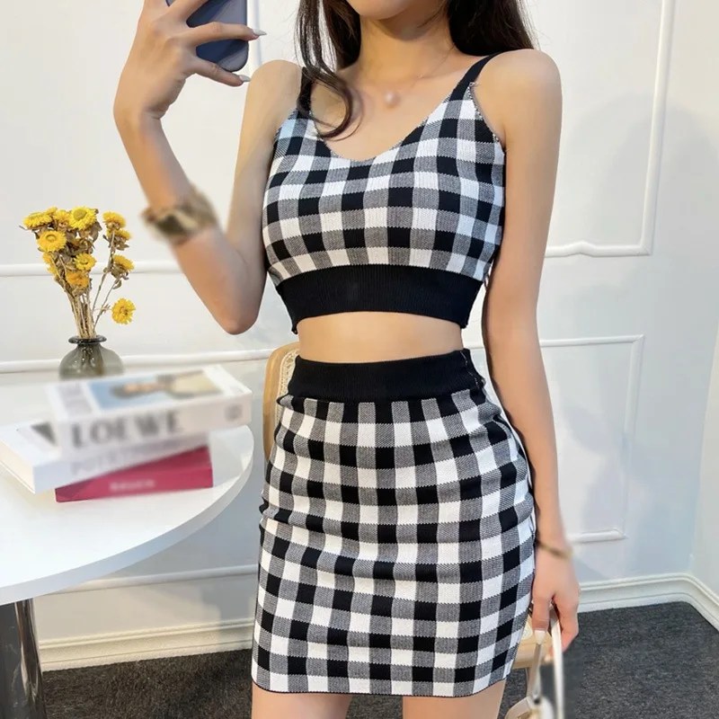 Women's Summer Plaid V Neck Sexy Camisole Slim Knitted Skirt Two-Piece Set Beach Skirt  Fashion OfficeLady Korean Knit Suit