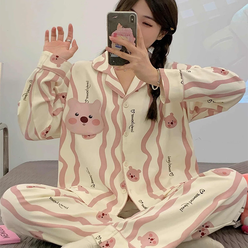 

Spring and Autumn New Collection Line Friends Loopy Women's Pajamas Anime Cartoon Pure Cotton Long Sleeved Home Suit Set