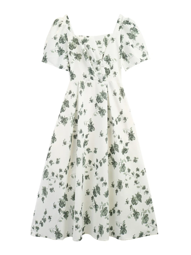 Vestido longo floral verde feminino, gola quadrada, manga curta, elegante, casa, chique coreano, bodycon, vestidos de baile, verão, 2022