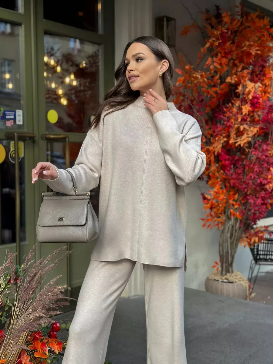 Autumn Winter 2 Pieces Women Sets Knit Tracksuit Long Sleeve Sweater High Waist Trousers Casual Set Clothing Jogging Pants Suits