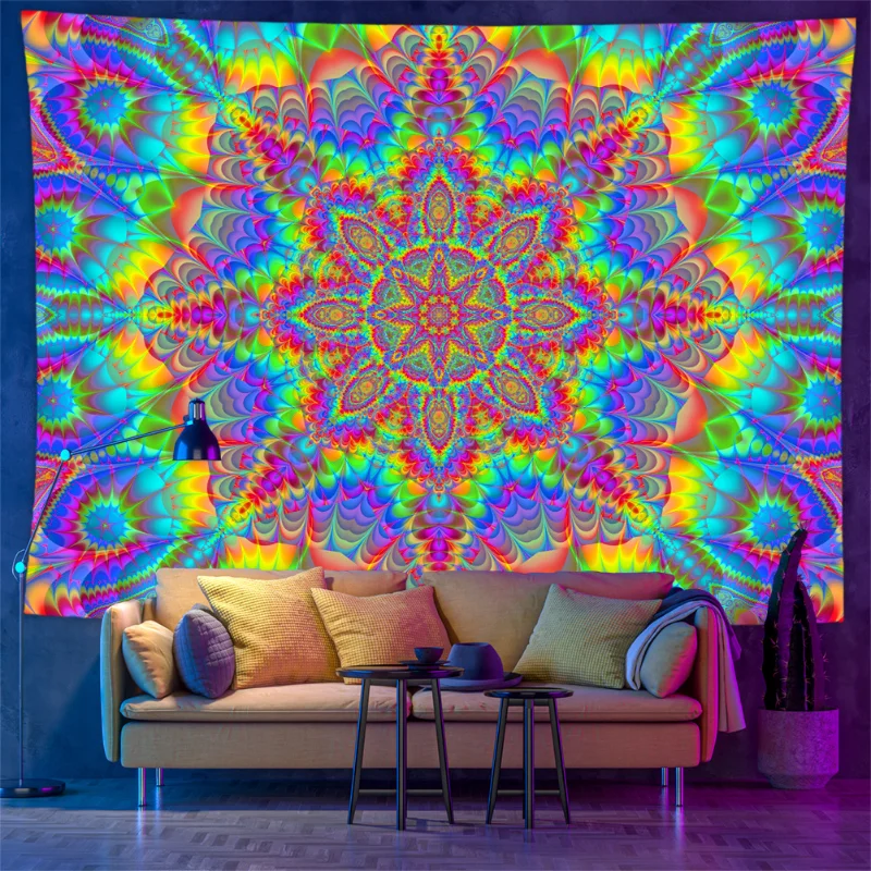 VIKAMA Schwarzlicht-Mandala-Wandteppich, UV-reaktiver Bohemian Psychedelic Druck, Wandbehang, Trippy Raumdekoration für Party und Zuhause