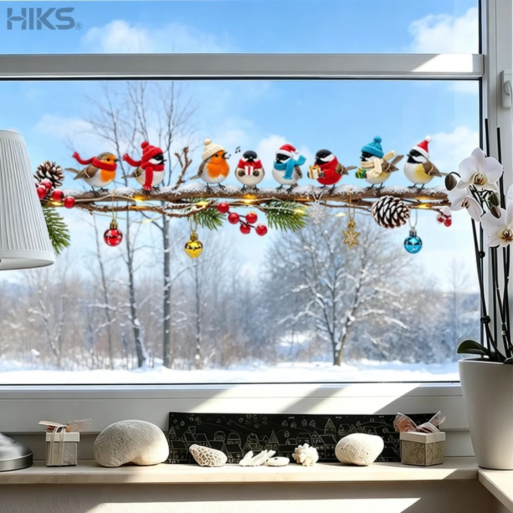 1 Stück Fensteraufkleber Weihnachten Niedliche Vögel auf Zweig mit Ornamenten Winter Schnee Wasserdichte Aufkleber für Fensterglas Selbstklebend – Detail 3
