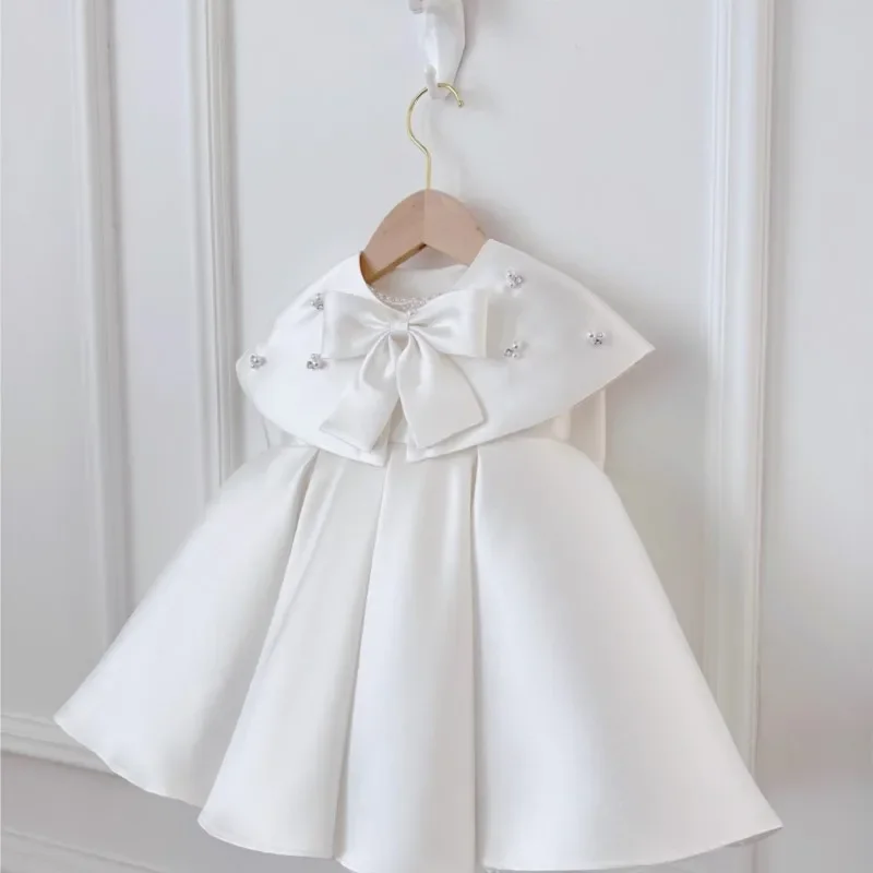 Baby Girl Princess Pearl Silk Dress Cloak Infant Toddler Vintage Bow Vestido Party Birthday Baptism Frocks Baby Clothes 1-7Y