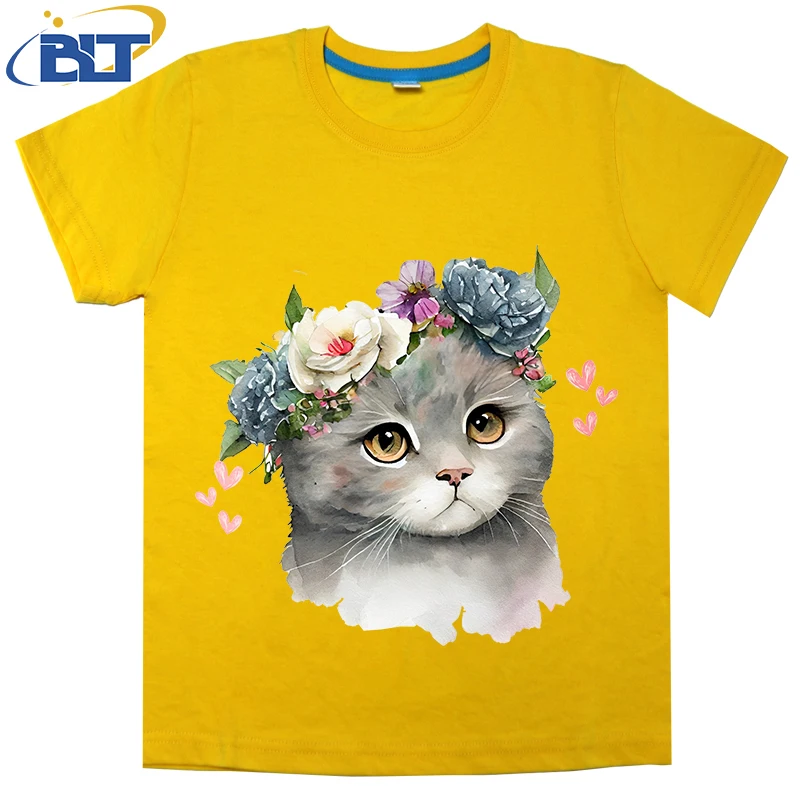 

Cute beautiful cat printed kids T-shirt Summer cotton short sleeves Casual tops for boys and girls