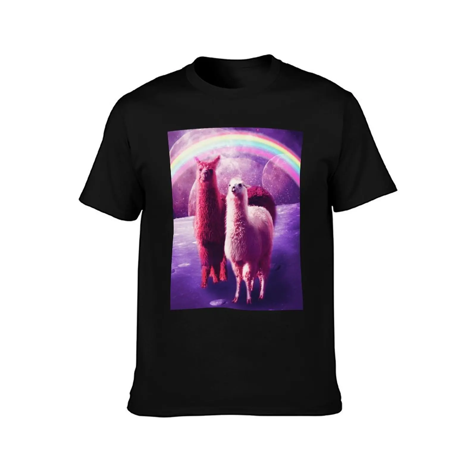 Crazy Funny Rainbow Llama In Space T-Shirt Vintage Print Crew Neck Tee T-Shirt