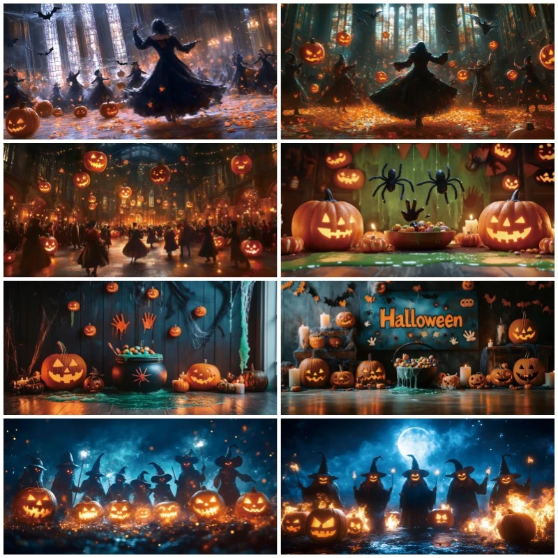 

Witch Pumpkin Lantern Autumn Maple Leaf Horror Photography Background Halloween Night Ghost Party Decor Backdrop Photo Studio