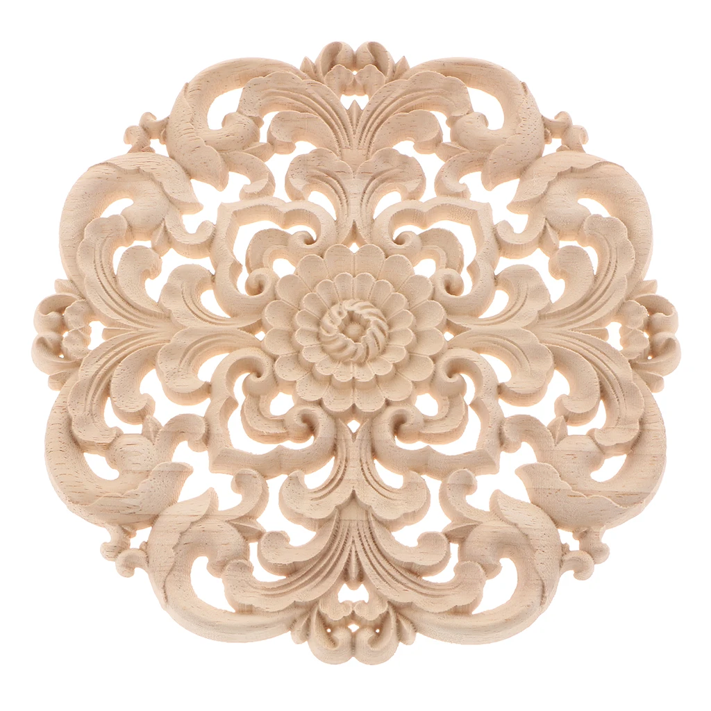 Handcarved Wooden Applique Onlay Flower Decal Plaque for Bed Wall Door Furniture DIY Decoration