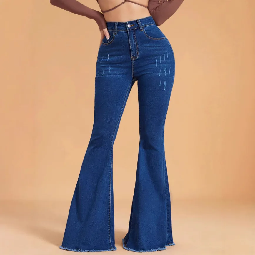 

Flare Pants Jeans Women Denim Boot Cut Trousers Distressed Pockets Stretch High Waist Washed 2025 Streetwear Floor Length