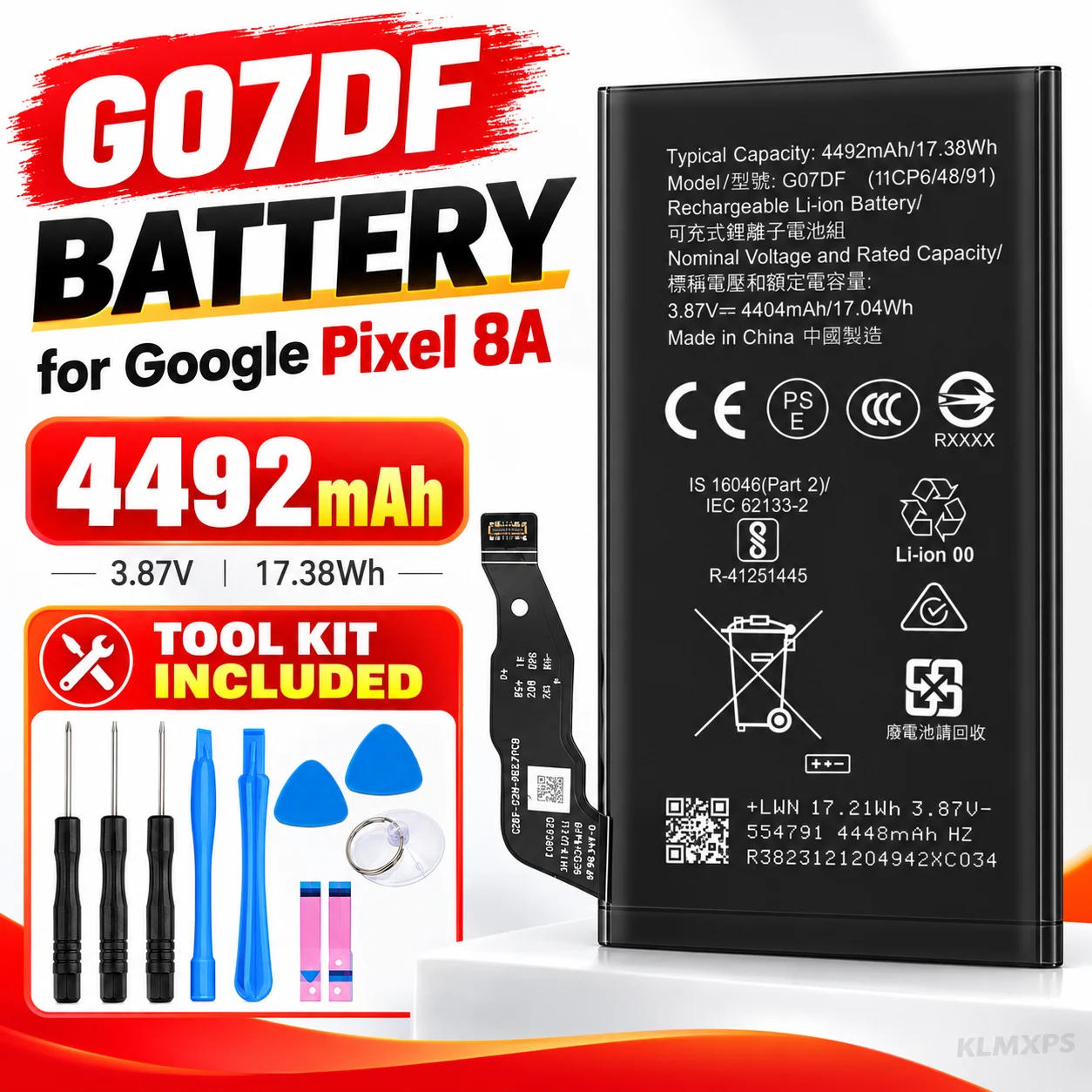 G07DF 4492mAh Battery for Google Pixel 8A Li Polymer Replacement Battery with Complete Repair Tools Kit